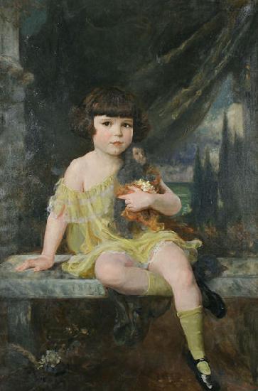 Douglas Volk Young Girl in Yellow Dress Holding her Doll China oil painting art